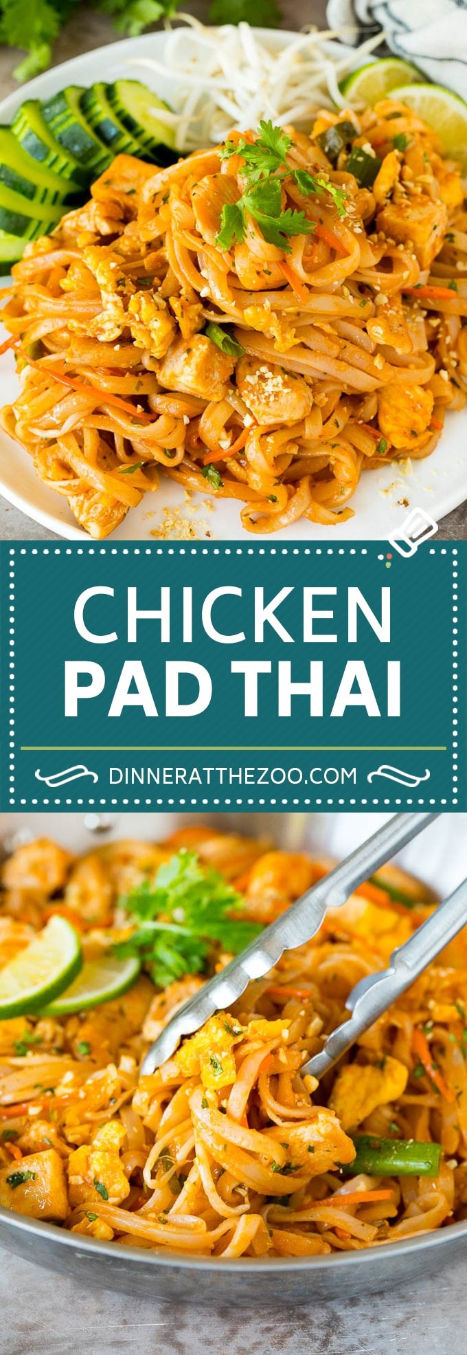 This chicken pad thai is rice noodles tossed with tofu, sliced chicken, veggies and egg, all in a savory sauce.