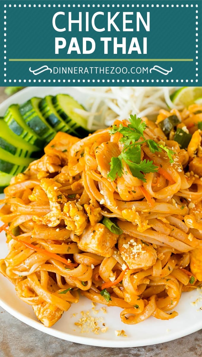 This chicken pad thai is rice noodles tossed with tofu, sliced chicken, veggies and egg, all in a savory sauce.