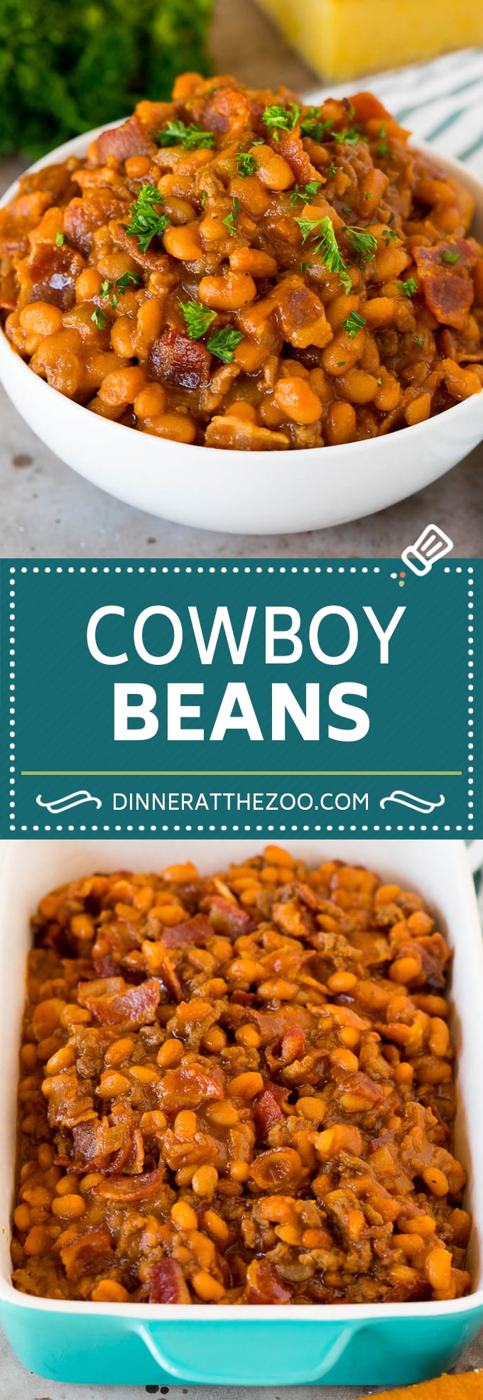 This cowboy beans recipe is made with ground beef and bacon, all baked together in a sweet and savory sauce.