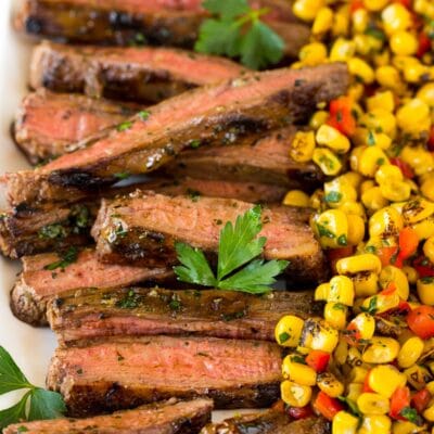 Sliced grilled flank steak on a platter.