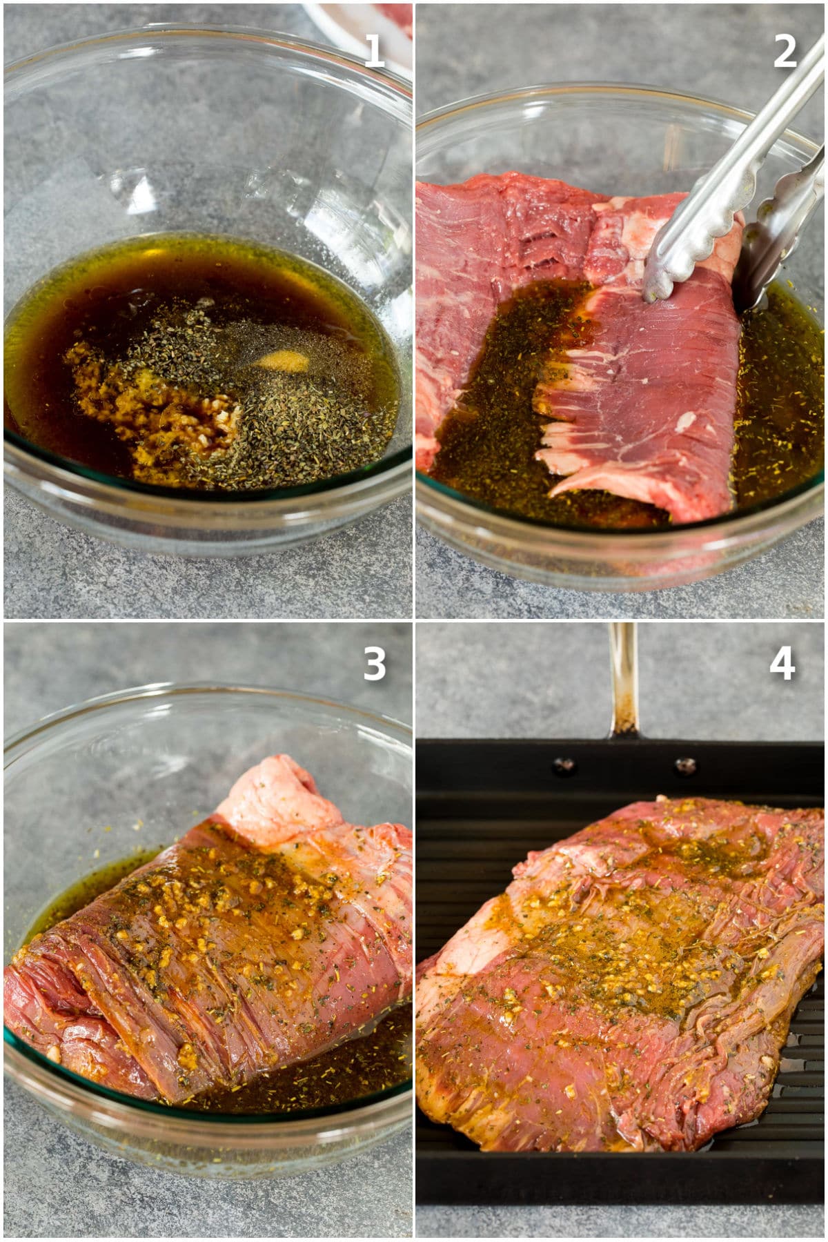 Process shots showing how to marinate and grill flank steak.
