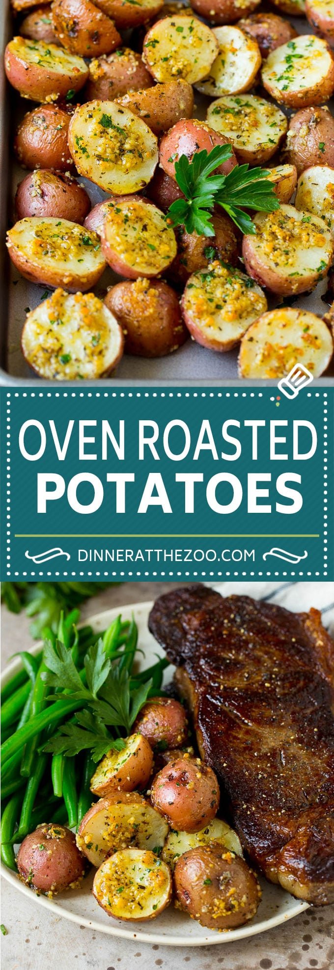 These oven roasted potatoes are baby potatoes coated in olive oil, garlic, herbs and parmesan cheese, then baked until golden brown and crispy.