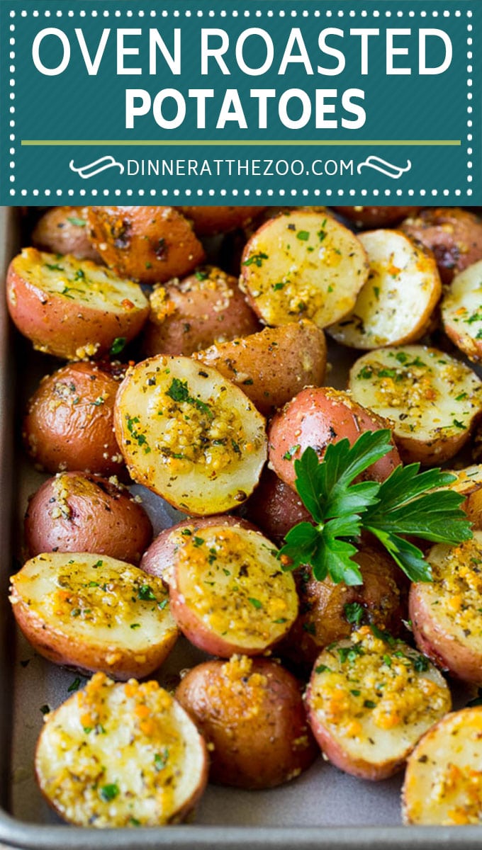 These oven roasted potatoes are baby potatoes coated in olive oil, garlic, herbs and parmesan cheese, then baked until golden brown and crispy.