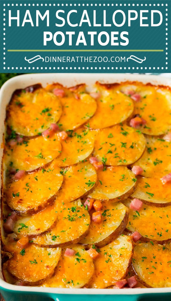 This scalloped potatoes and ham recipe is a layered casserole of thinly sliced potatoes in cheese sauce with diced ham, all baked together to golden brown perfection.