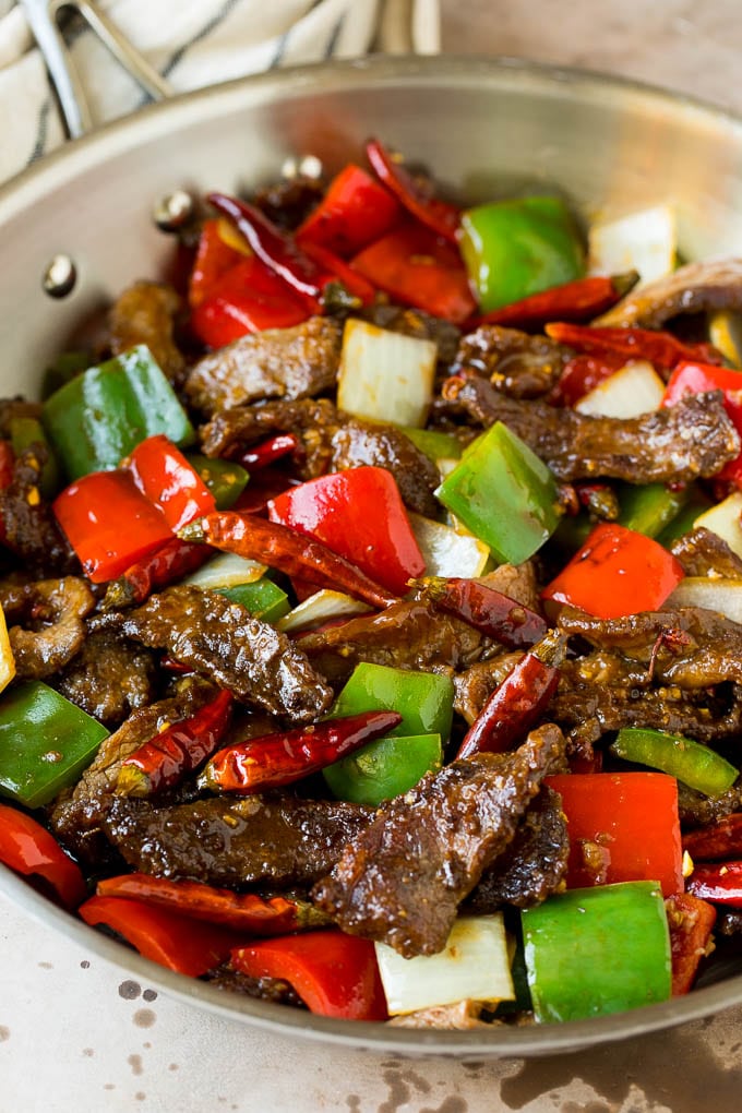 Szechuan beef with peppers, onions and spices.