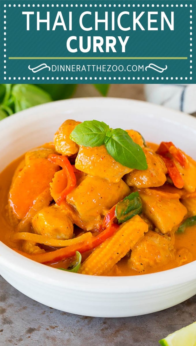 This Thai chicken curry is pieces of tender chicken and colorful vegetables, all simmered together in a coconut red curry sauce.