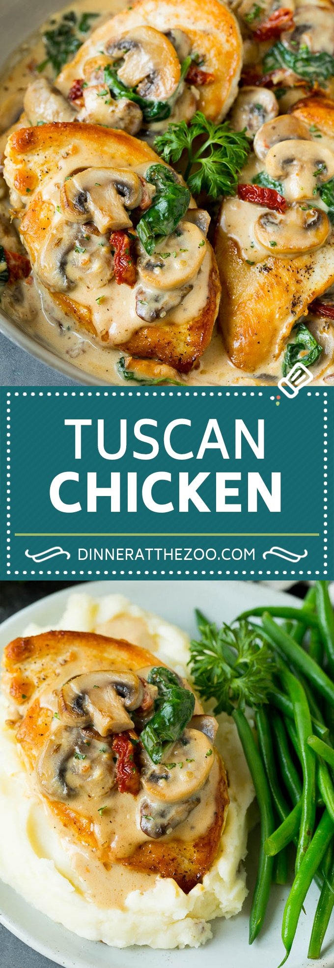 This Tuscan chicken is golden brown chicken breasts coated in a creamy parmesan, mushroom, sun dried tomato and spinach sauce.