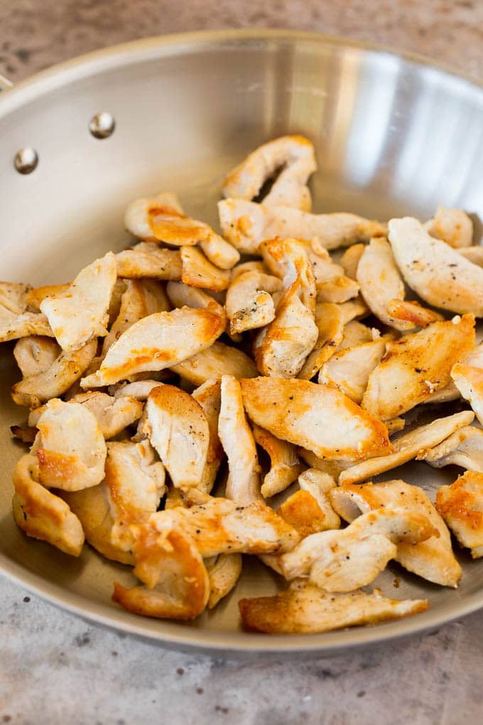 Cooked sliced chicken in a pan.