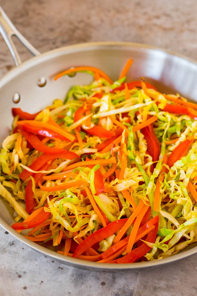 Stir fried vegetables in a skillet.