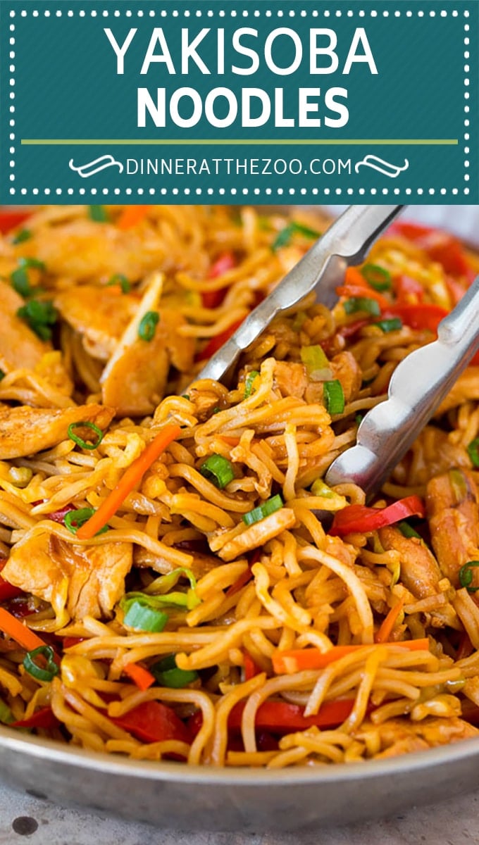 These yakisoba noodles are tender noodles stir fried with chicken and assorted vegetables in a savory sauce.