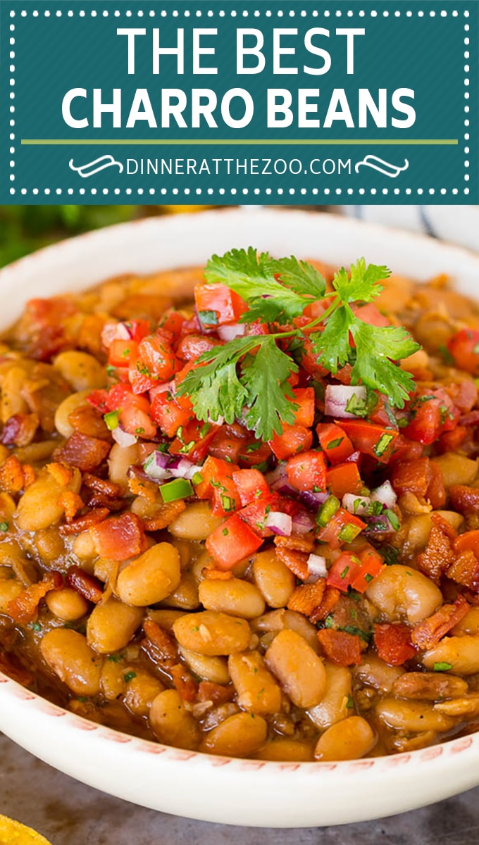 These charro beans are pinto beans simmered with bacon, tomatoes, chiles and spices, all in a hearty broth.