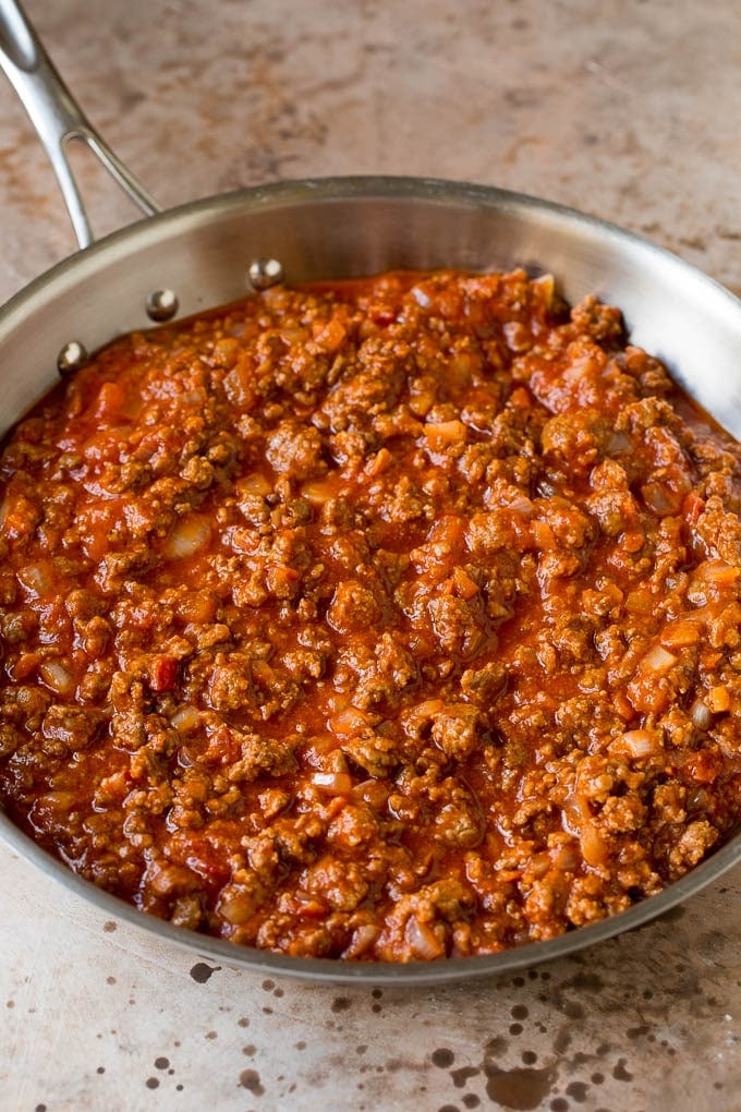 Ground beef and onions mixed with tomato sauce and seasonings.