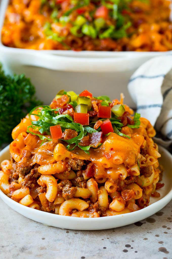 A serving of cheeseburger casserole on a plate.