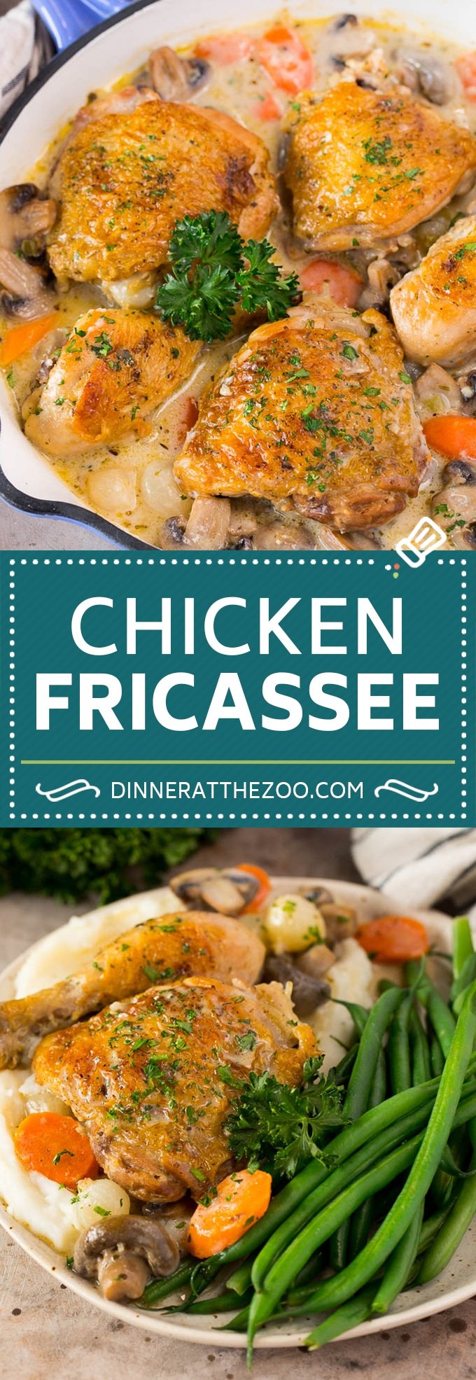 This chicken fricassee is tender chicken pieces simmered in a creamy sauce with mushrooms and carrots.