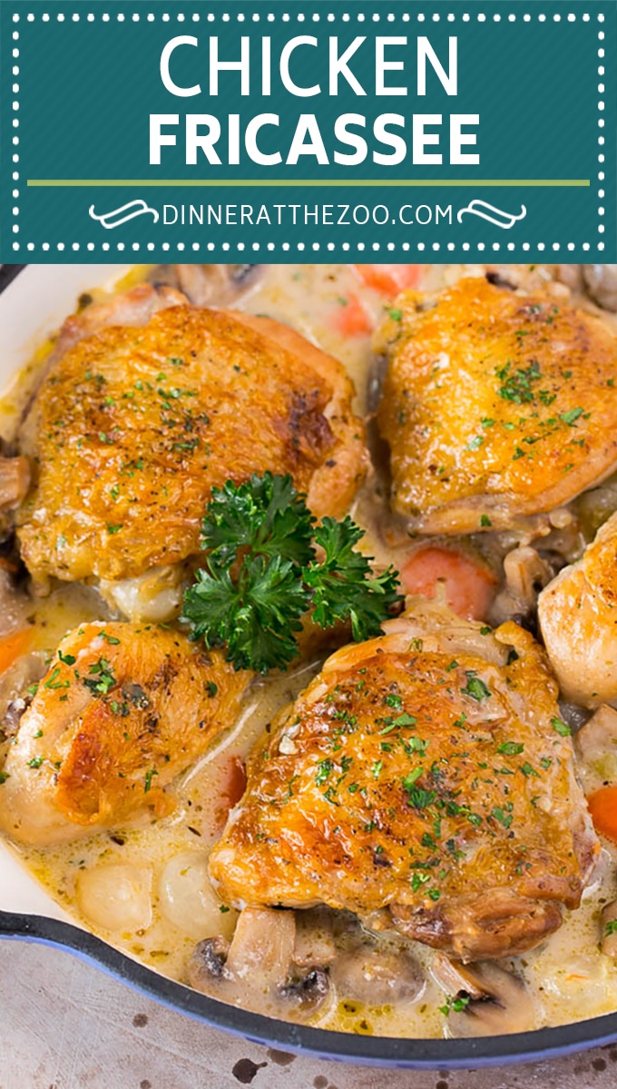 This chicken fricassee is tender chicken pieces simmered in a creamy sauce with mushrooms and carrots.