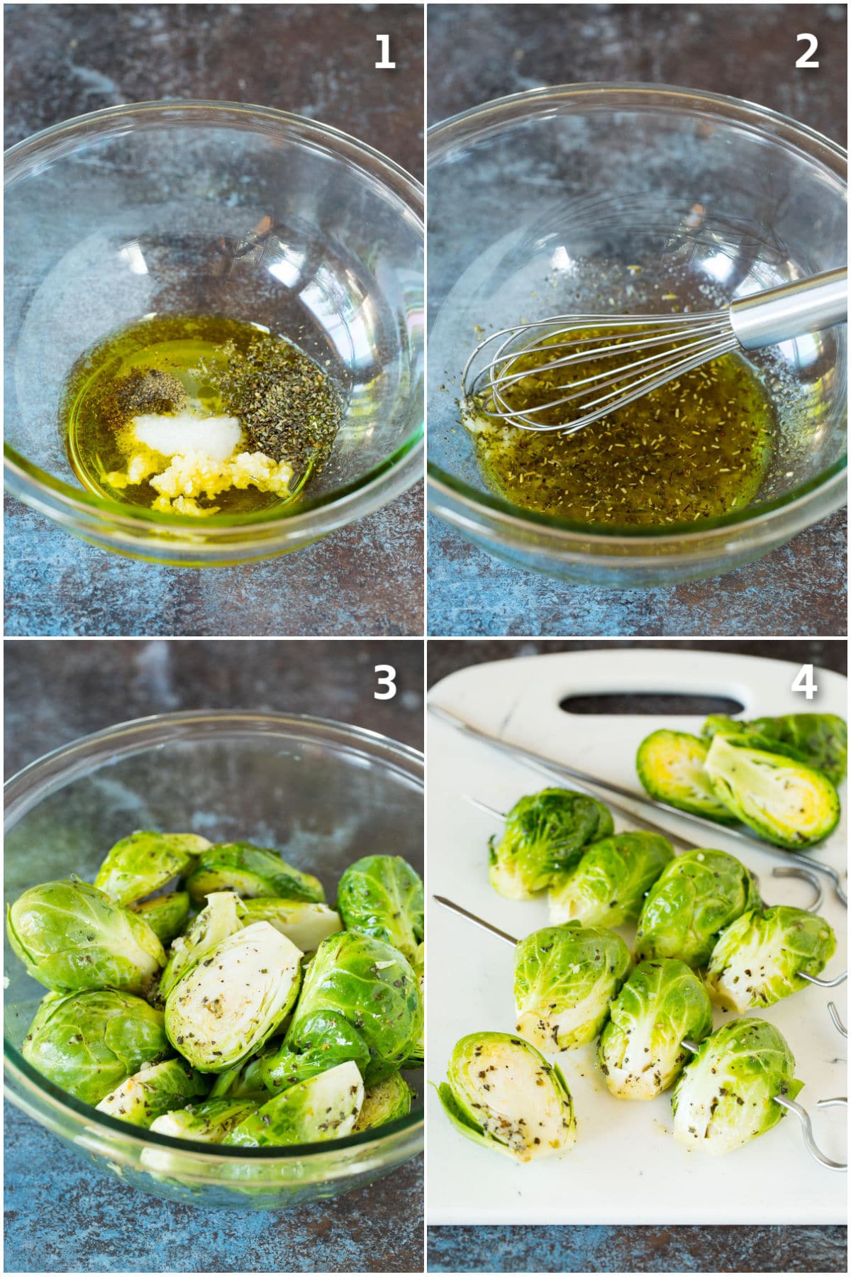 Process shots showing how to marinate brussels sprouts.
