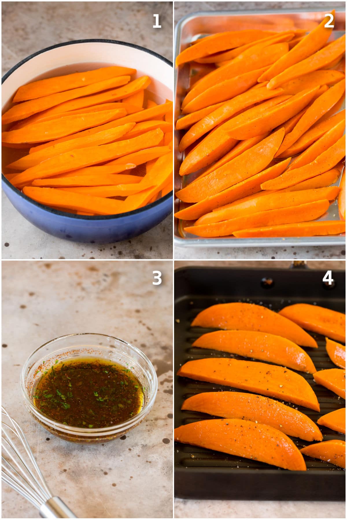 Process shots showing how to prepare sweet potatoes for the grill.
