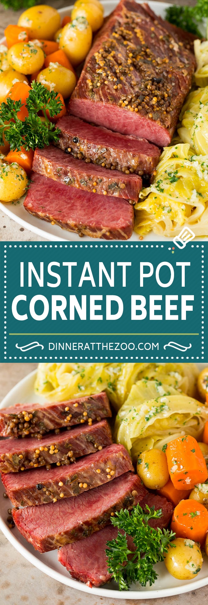 This Instant Pot corned beef is pressure cooked until tender, then served with potatoes, cabbage and carrots.