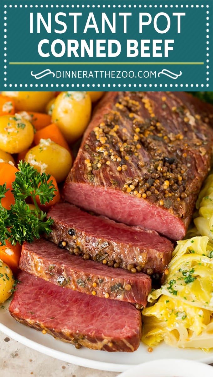 This Instant Pot corned beef is pressure cooked until tender, then served with potatoes, cabbage and carrots.