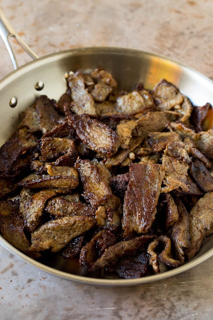 Cooked sliced beef in a skillet.