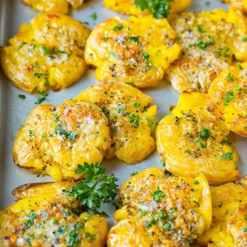 Smashed Potatoes with Garlic and Herbs - Dinner at the Zoo