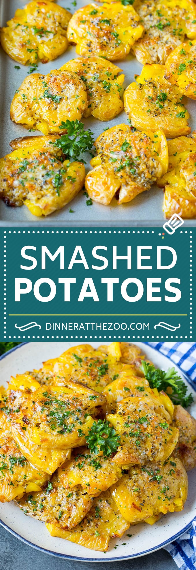These smashed potatoes are baby potatoes that are boiled until tender, then smashed flat, topped with garlic and herb butter, and roasted until crispy and browned.