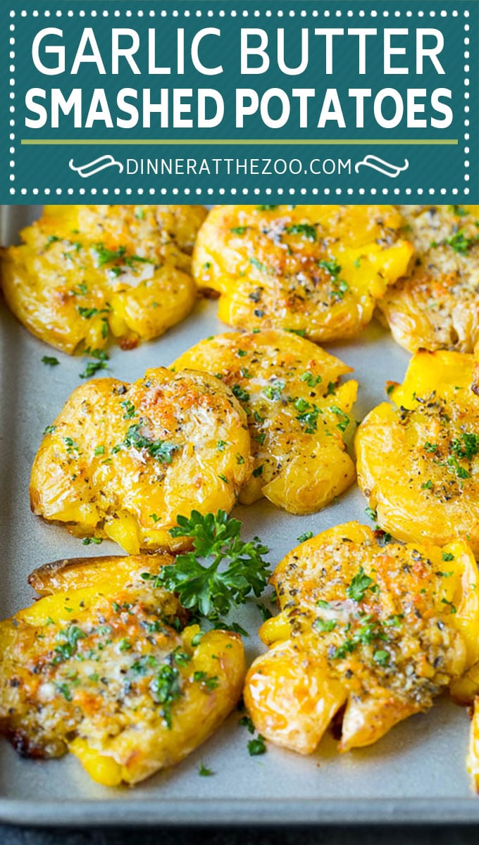These smashed potatoes are baby potatoes that are boiled until tender, then smashed flat, topped with garlic and herb butter, and roasted until crispy and browned.