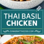 This Thai basil chicken is finely diced chicken that is stir fried with bell peppers, shallots and fresh basil leaves, all in a savory sauce.