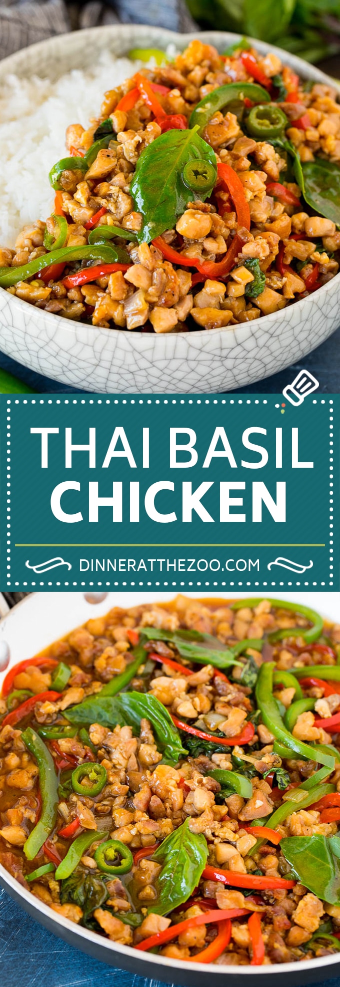 This Thai basil chicken is finely diced chicken that is stir fried with bell peppers, shallots and fresh basil leaves, all in a savory sauce.