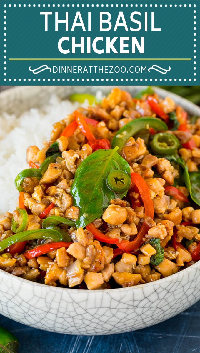 This Thai basil chicken is finely diced chicken that is stir fried with bell peppers, shallots and fresh basil leaves, all in a savory sauce.