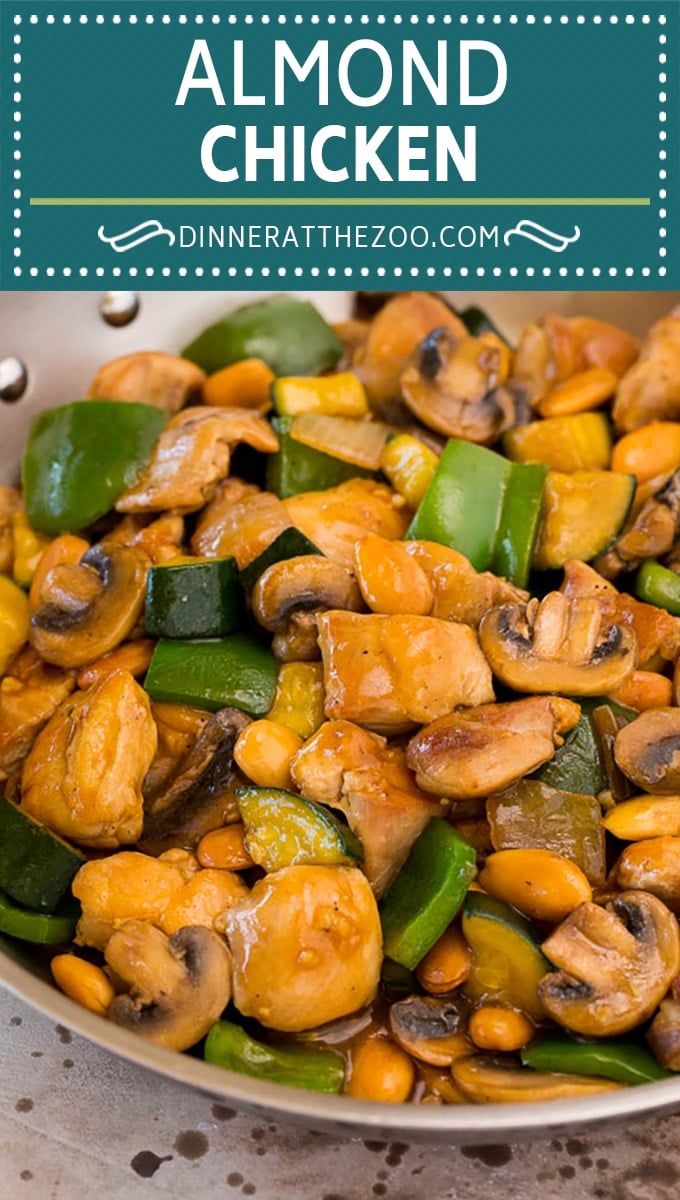 This almond chicken is a stir fry of chicken thigh pieces, assorted vegetables and crunchy almonds, all tossed in a savory sauce.