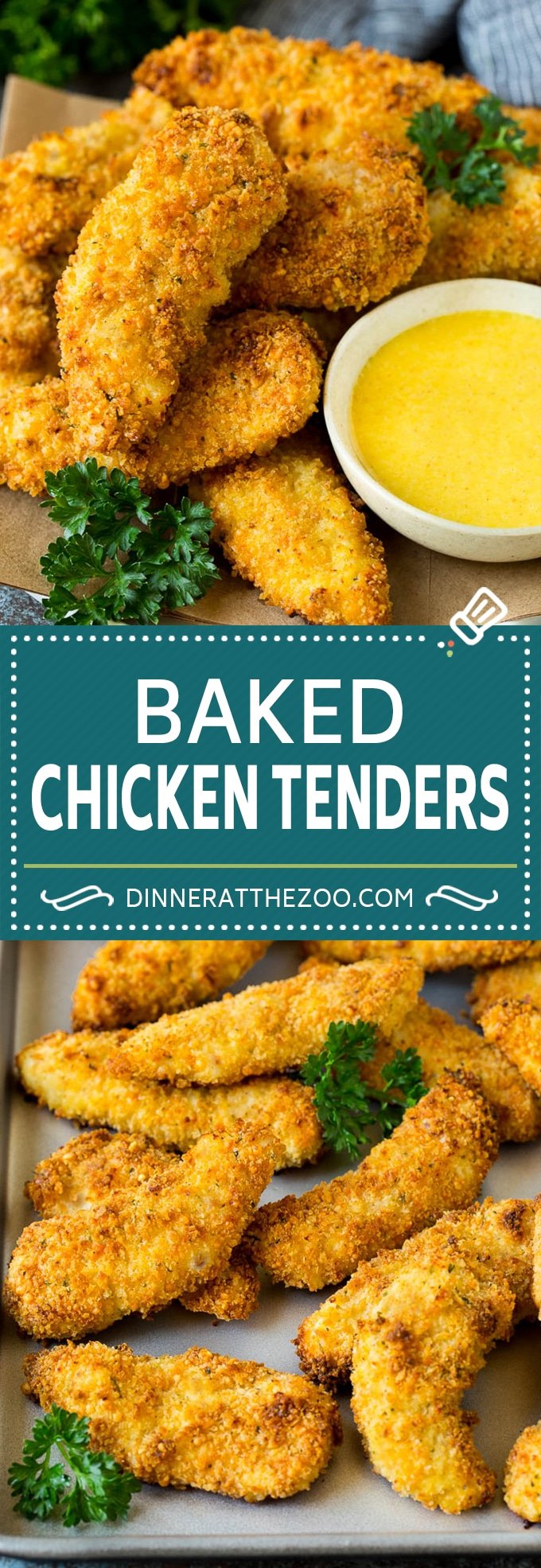 These baked chicken tenders are coated in breadcrumbs, spices and parmesan cheese, then oven baked to golden brown and crispy perfection.