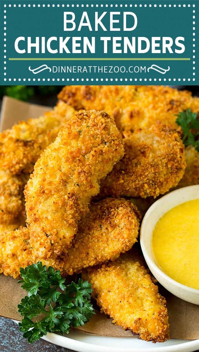 These baked chicken tenders are coated in breadcrumbs, spices and parmesan cheese, then oven baked to golden brown and crispy perfection.