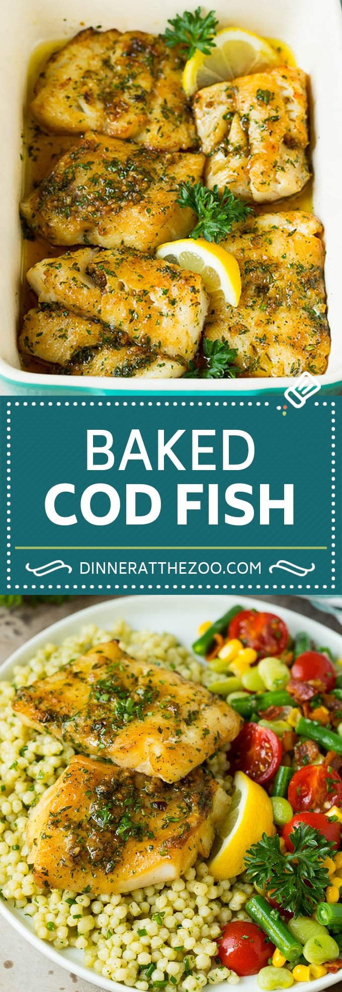 This baked cod is marinated with olive oil, garlic and fresh herbs, then roasted to tender and flaky perfection.