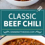 This beef chili is a blend of meat, tomatoes, spices and beans, all simmered together to make a delicious and hearty meal.
