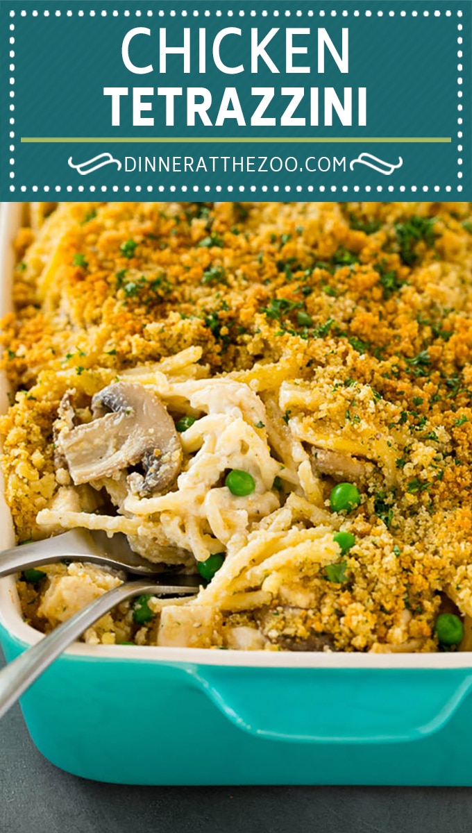 This chicken tetrazzini is spaghetti, mushrooms, peas, chicken and cheese, all tossed together in a homemade creamy sauce.