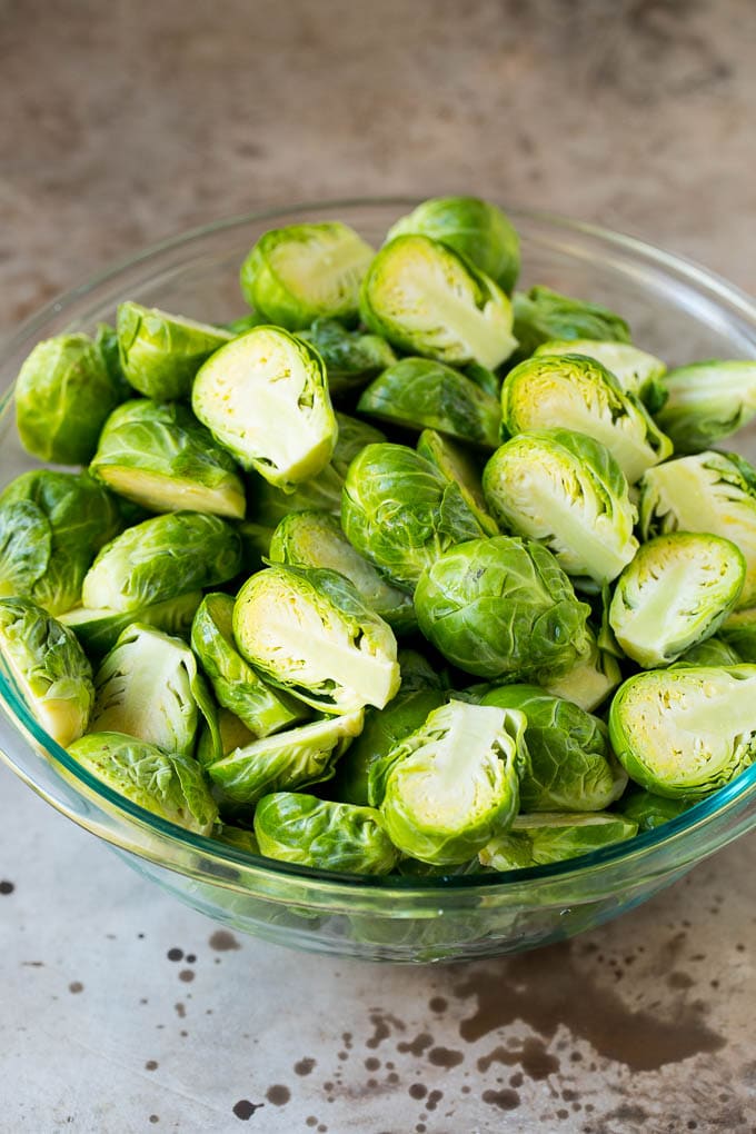 Halved sprouts in a bowl.