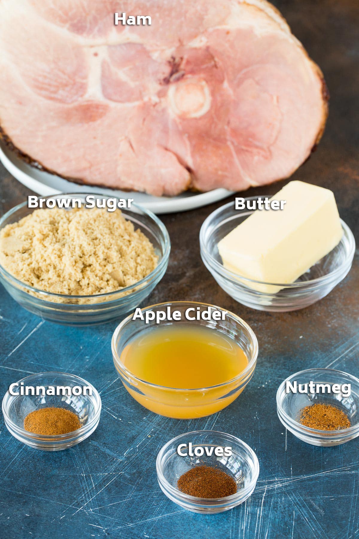 Ingredients including ham, brown sugar, butter and spices.