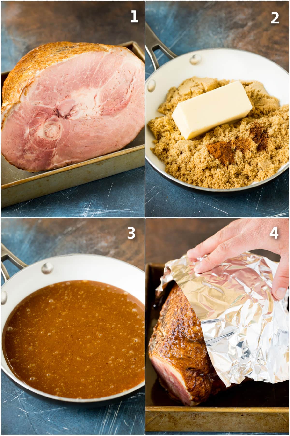 Step by step shots showing how to cook a ham.