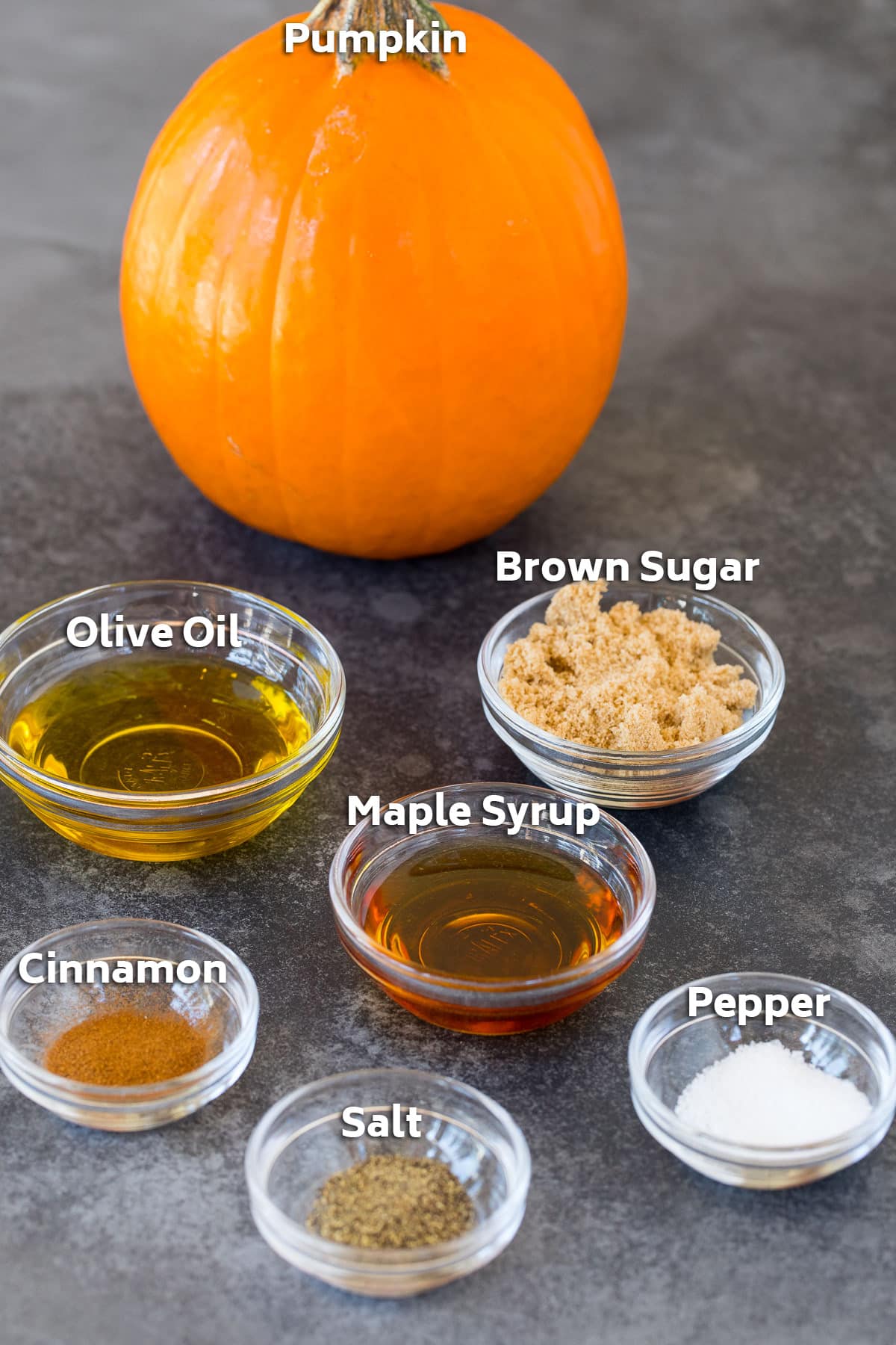 Ingredients including pumpkin, olive oil, sugar and seasonings.