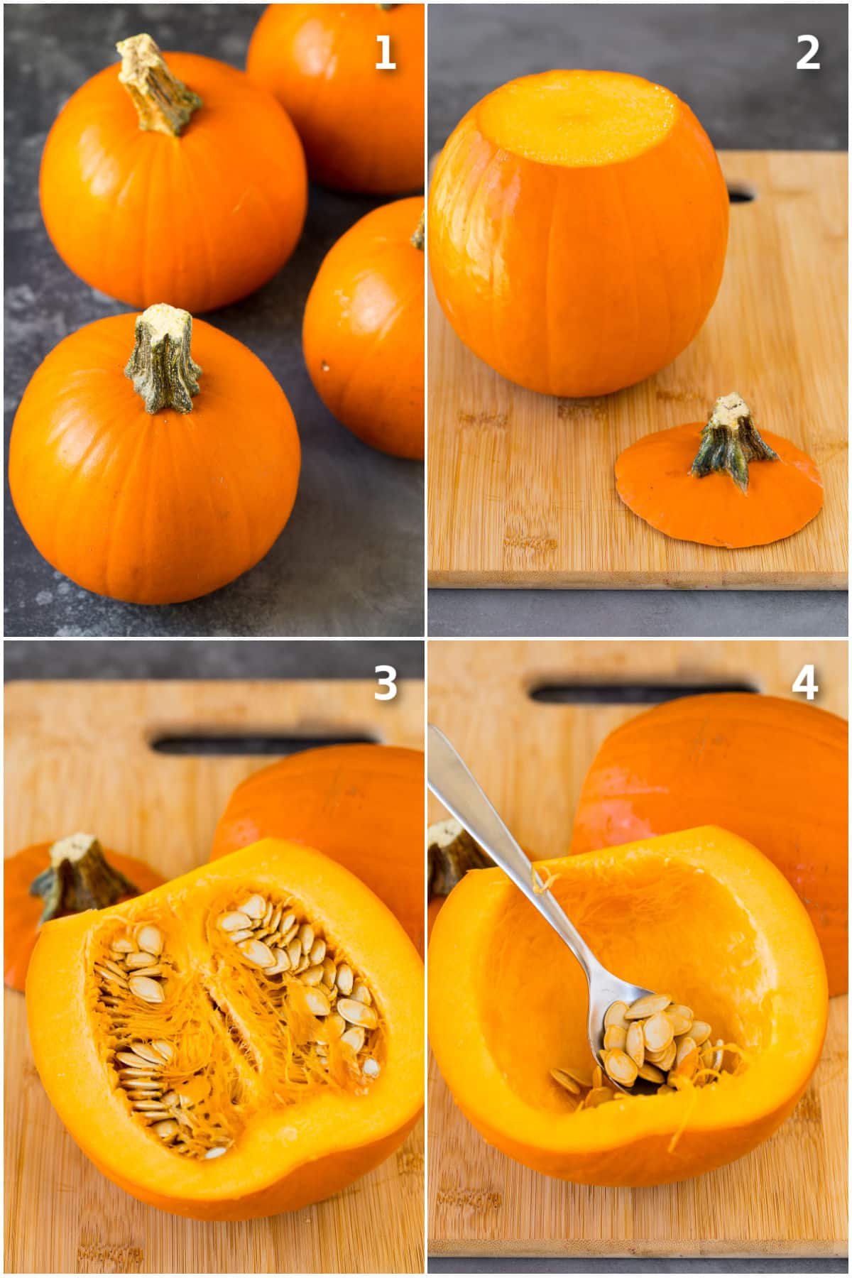 Step by step shots showing how to cut a pumpkin.