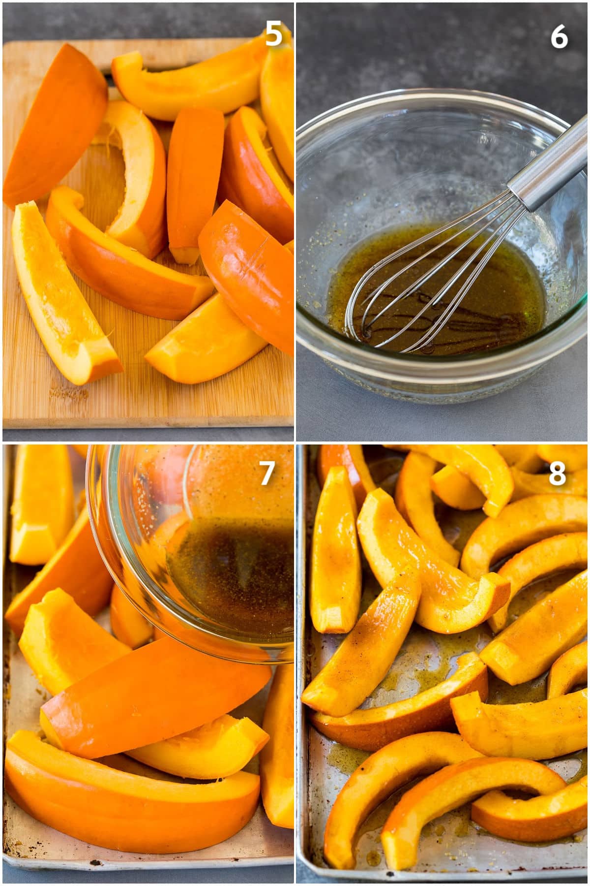 Process shots showing pumpkin being coated in oil and seasonings.