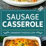 This sausage casserole is breakfast sausage cooked with peppers and onions, then combined with hash browns, eggs and cheese and baked to golden brown perfection.