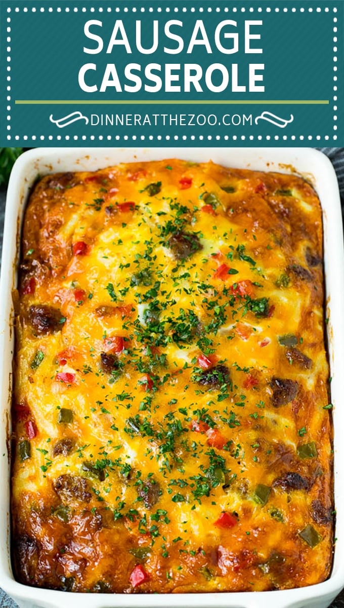 This sausage casserole is breakfast sausage cooked with peppers and onions, then combined with hash browns, eggs and cheese and baked to golden brown perfection.