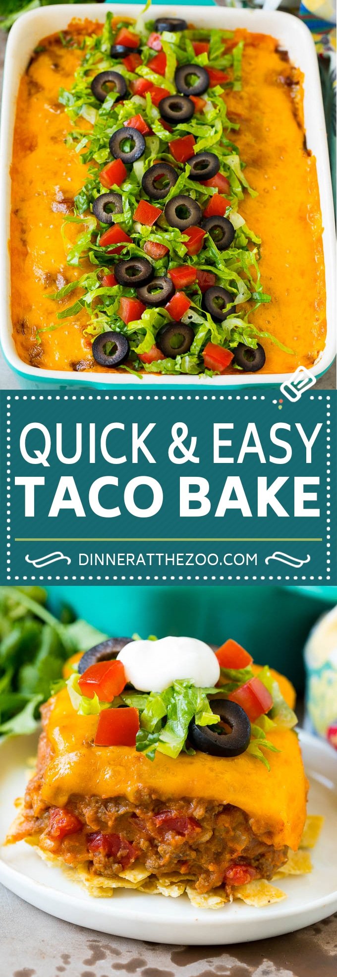 This taco bake is a layer of crushed tortilla chips topped with beans, seasoned ground beef and cheese.