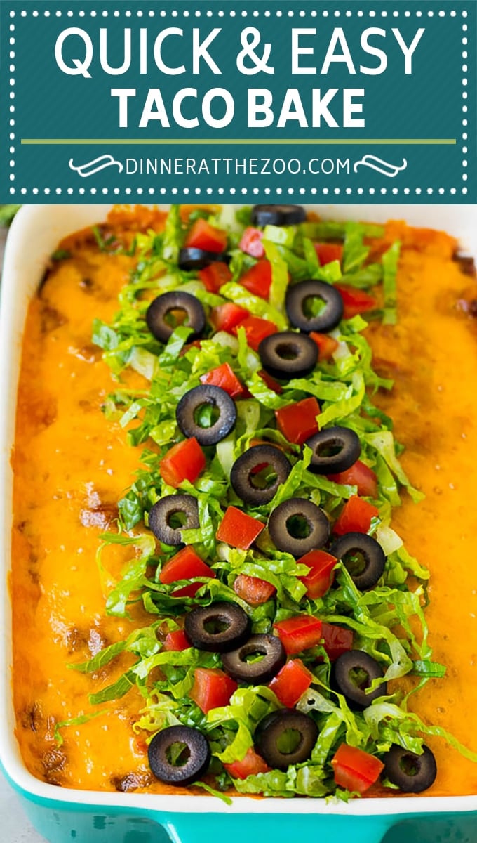 This taco bake is a layer of crushed tortilla chips topped with beans, seasoned ground beef and cheese.