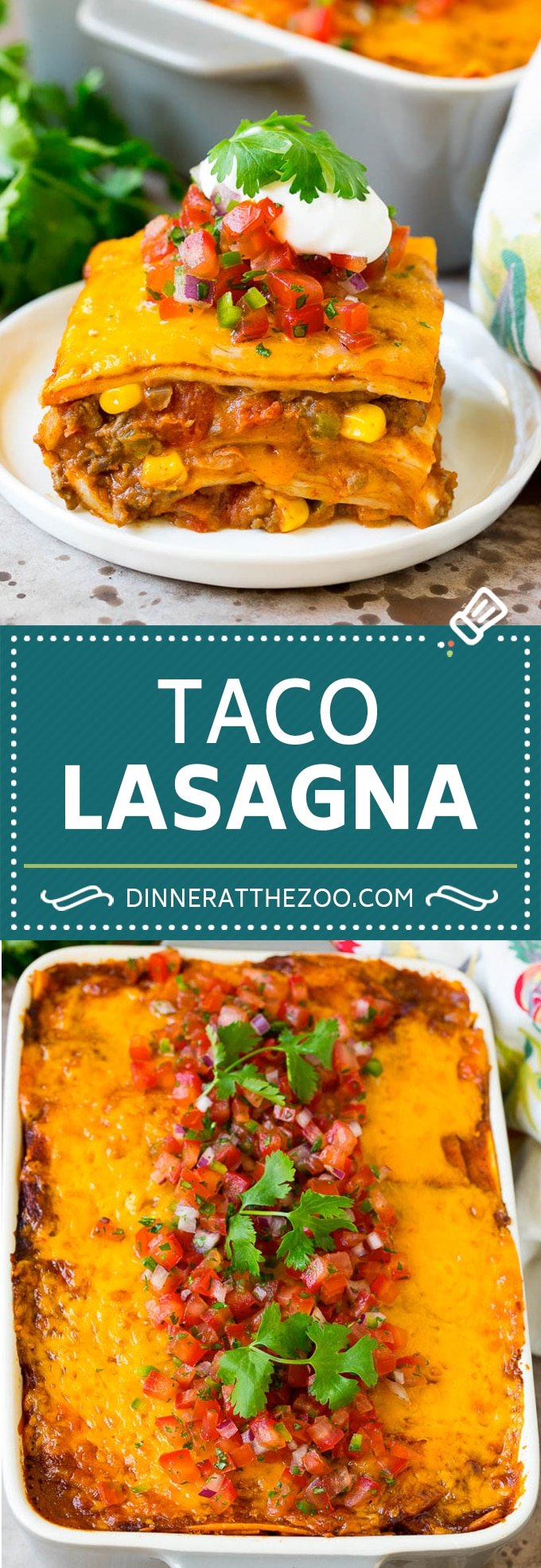 This taco lasagna is layers of flour tortillas, melted cheese, beans, veggies and ground beef, all baked together until golden brown.