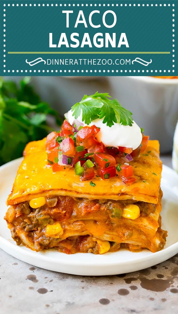 This taco lasagna is layers of flour tortillas, melted cheese, beans, veggies and ground beef, all baked together until golden brown.