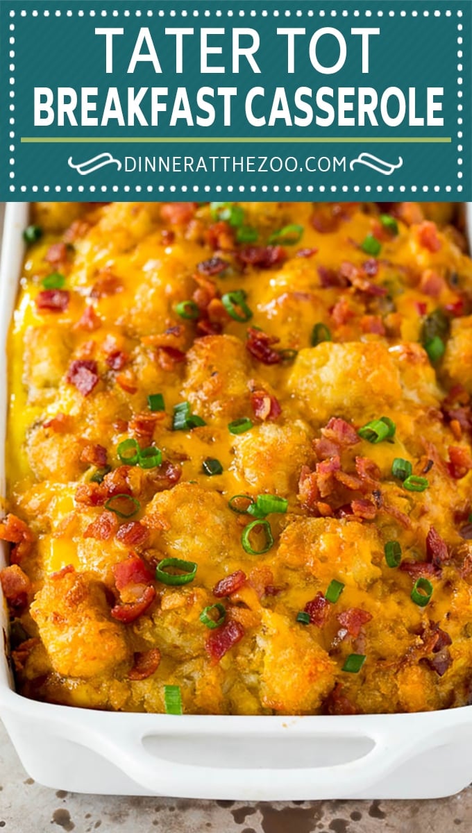 This tater tot breakfast casserole is made with bacon, eggs, veggies, potato tots and plenty of cheese, all baked together.