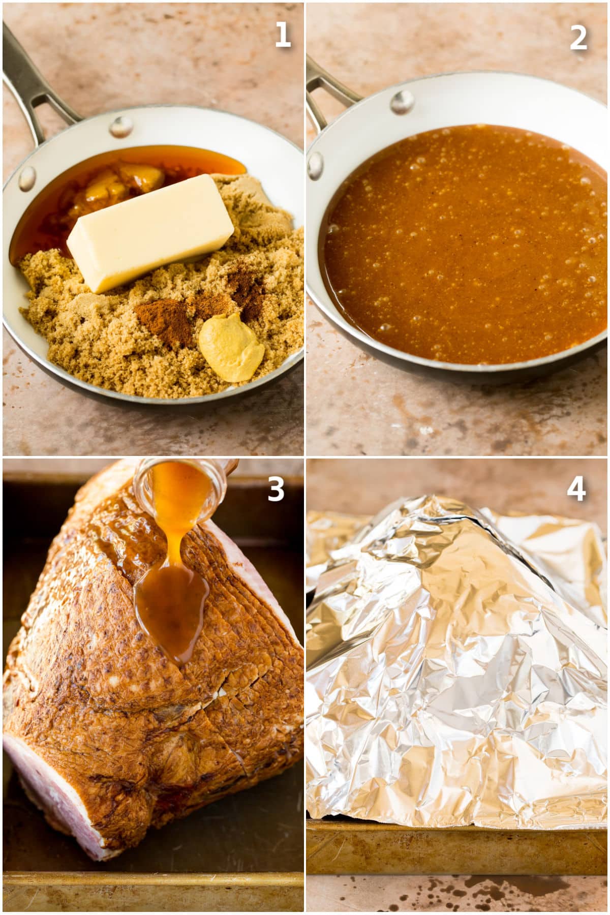 Step by step process shots showing how to make honey glazed ham.